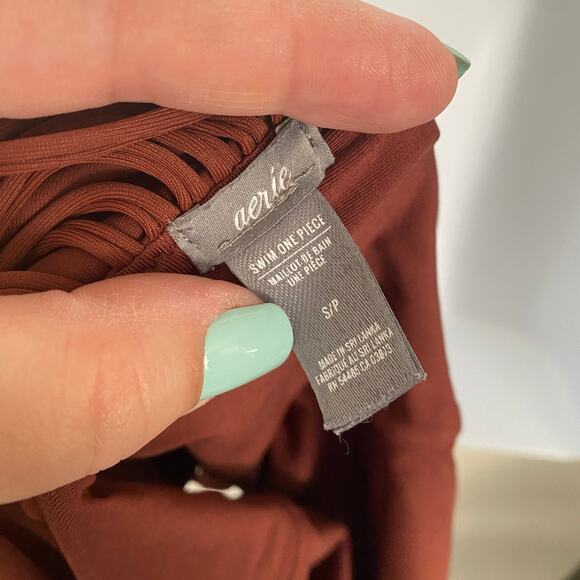 Aerie Dark Orange Rusty Brown Crochet Back One Piece Swim Suit Sz S - Picture 7 of 12